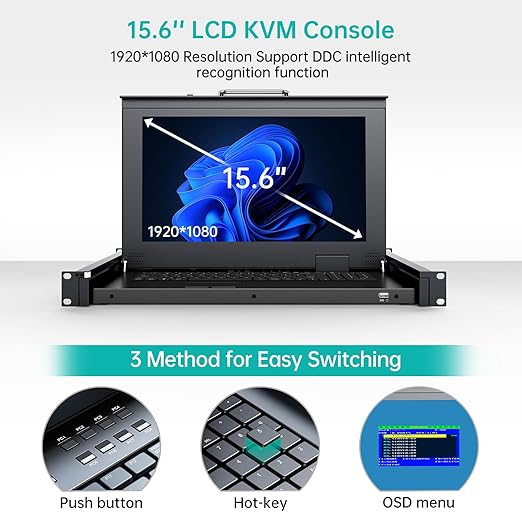 MT-VIKI Rack Mount KVM w/15.6" LCD Monitor, 8 Port VGA KVM Switch, 1080@60Hz 1U Integrated Monitor Keyboard, Fits 18.9" to 31.5" Deep Racks (480-800mm), Included 8 Cables for Server Room, Data Center