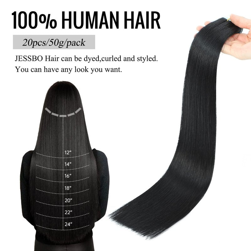 JESSBO Tape in Hair Extensions Human Hair Straight Natural Black 100% Remy Human Hair 18 inch 20pcs 50g/pack Seamless Skin Weft Tape in Extensions for Women (18 Inch #1B Natural Black)