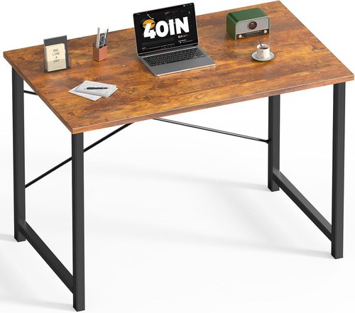 DUMOS 40-Inch Small Computer Desk - Modern Writing & Gaming Workstation for Home Office | Brown Metal Frame