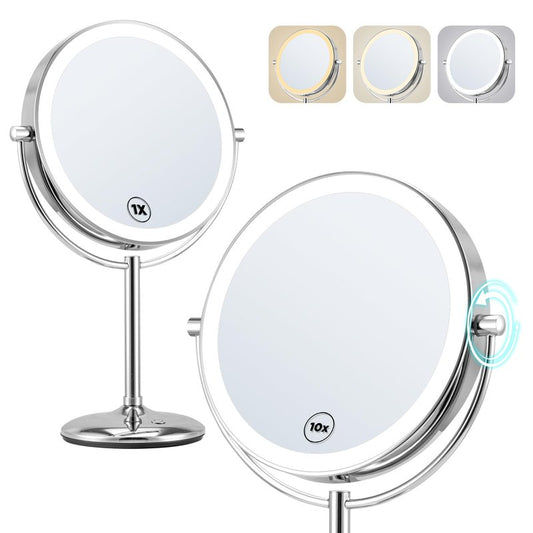 Rechargeable 10x/1x LED Makeup Mirror with Lights, Magnification & 3 Color Modes - 9 Inch, Type C Charging, 2000mAh Battery, Lighted Vanity Mirror for Desk, Magnifying Mirror for Makeup Enthusiasts