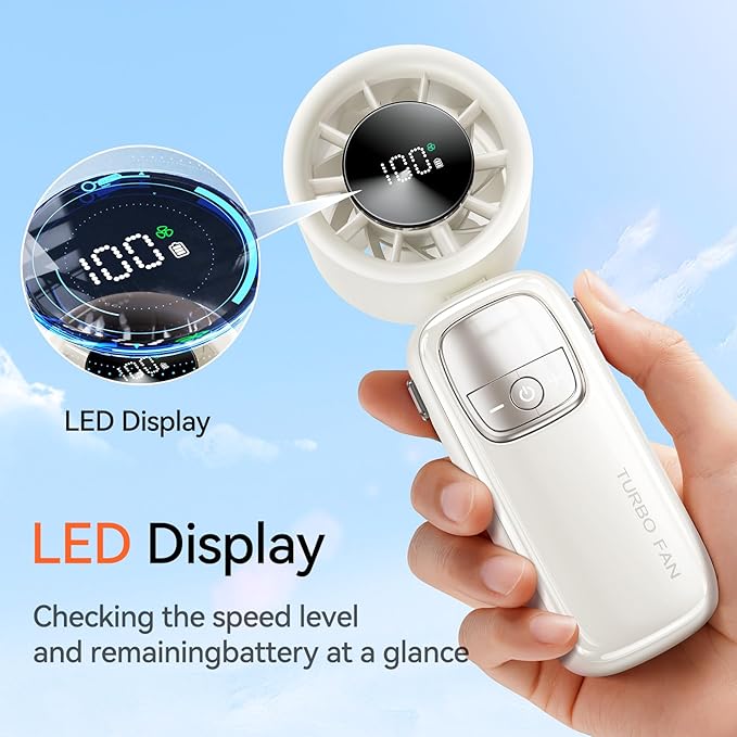 KIMMOO 3-in-1 Portable Handheld Turbo Fan-100 Speeds, 15000 RPM, 10Hrs Cooling, LED Display, 90° Rotation, Travel Fan, Mini Foldable Hand Held Personal Fan for Women Men (white)