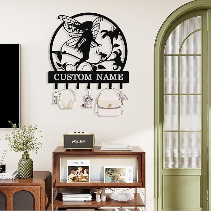 Syneiro Personalized Fairy Key Holder Wall Mount, Custom Metal Key Rack Key Holder with Name, Deer Cabin Wall Keys Hanger with Hooks for Entryway, Front Door, Hallway, Kitchen, Living Room