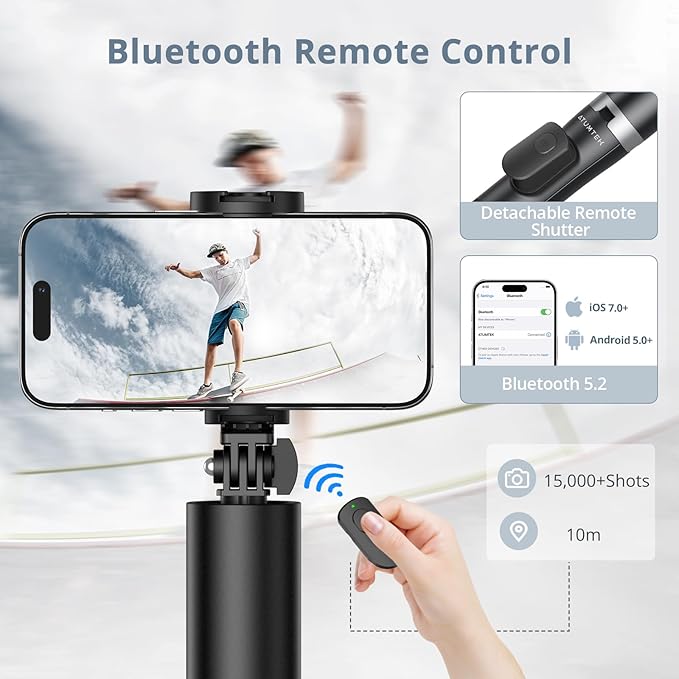 ATUMTEK 63" Phone Tripod for iPhone, Extendable Selfie Stick Tripod with Bluetooth Remote, All-in-One Aluminum Phone Selfie Stick for 4”-7” iPhone and Android Smartphones Black