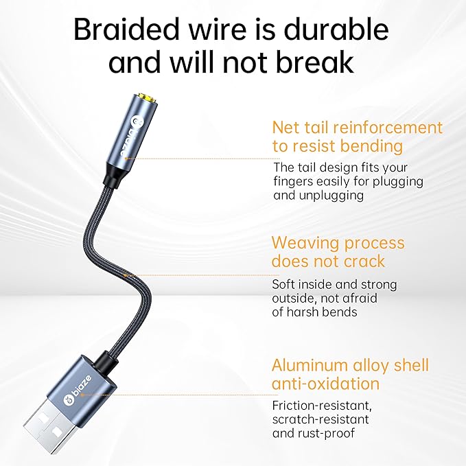 biaze USB to 3.5mm Jack Audio Adapter, External Stereo Sound Card USB-A to Audio Jack Adapter with Auxiliary Stereo Converter, Compatible with Desktop, Laptop Mac, Linux and More!