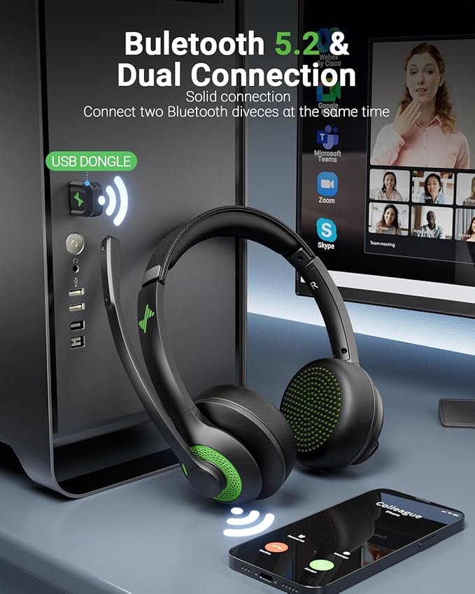 JIAMQISHI Wireless Headset with AI Noise Cancelling Microphone Bluetooth Headset - Bluetooth V5.2 Headphones with USB Dongle & Mic Mute for Computer/Laptop/PC/iPhone/Android/Cell Phones/Zoom-Green