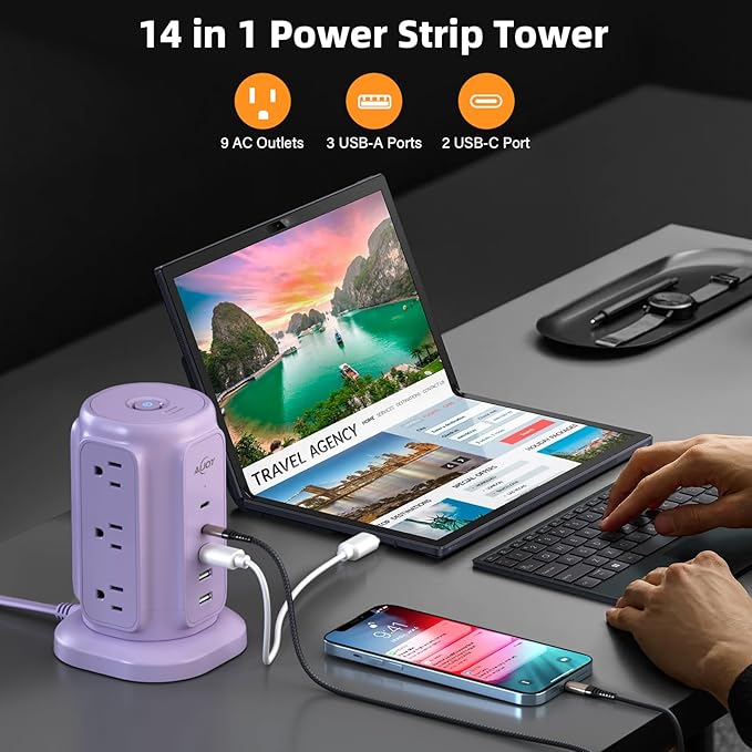 AiJoy Flat Plug Power Strip Tower with 9 AC Outlets and 5 USB Ports