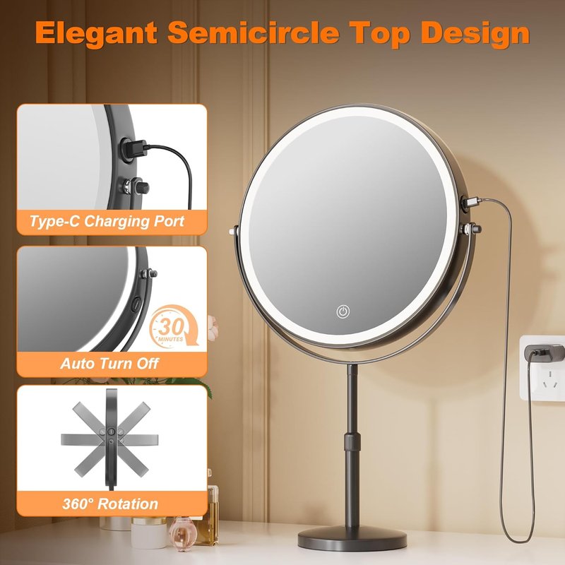 Lighted Makeup Mirror - 10-Inch Rechargeable Vanity Mirror with Magnification & Dimmable Brightness | 3 Lighting Modes, Adjustable Height, Black