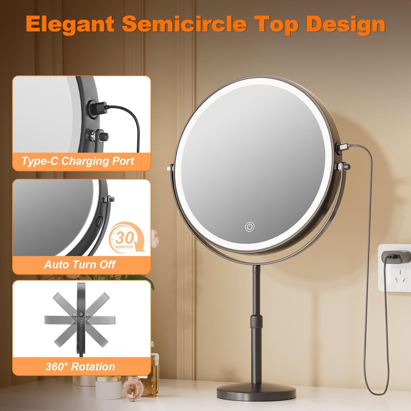 Hasipu 10” LED Makeup Mirror with 1X/10X Magnification - Rechargeable Vanity Mirror, 3 Color Modes, Touch Control, 360° Rotation & Height Adjustable Nickel