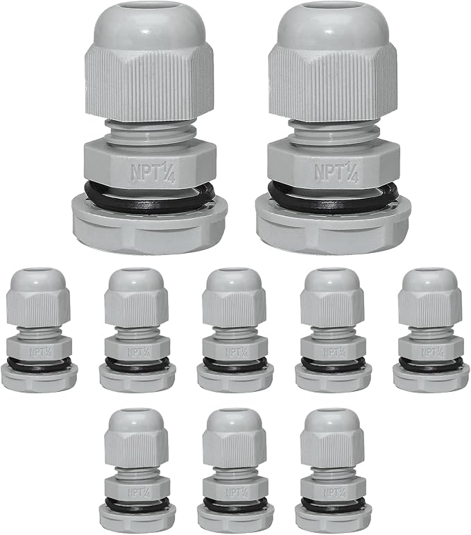 Bonsicoky 10 Pcs 1/4" NPT Nylon Cable Glands, IP68 Waterproof Adjustable Cord Grip Cable Connector Strain Relief Wire Protectors for 4-6mm Cable Diameter, Grey