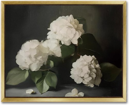 AIMAILON Vintage Gold Canvas Wall Art Framed Decor Classical Botanical Aesthetic Picture Blooming White Hydrangea Flowers Artwork Retro Light Boho Print Desktop Decoration 8x10