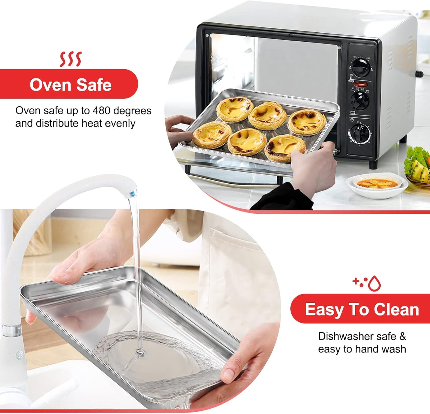 Skiennix Stainless Steel Cookie Sheets - Non-Stick Baking Pans, Easy Clean, 4-Piece Set