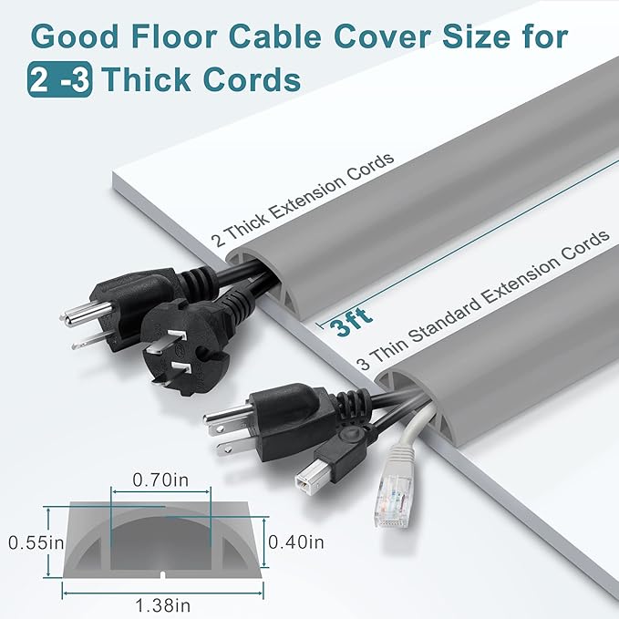 LZEOY Cord Hider Floor, 3FT, Grey Cord Cover Floor, Cord Protector Floor Extension Cable Cover, Soft PVC Wire Covers - Cable Management Hide Cords on Floor - Cord Cavity: 0.7" (W) x 0.4"(H)