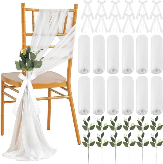 Skiennix Wedding Aisle Decorations - 24 Sets of Elegant White Ribbon Bows with Artificial Eucalyptus for Chairs & Benches