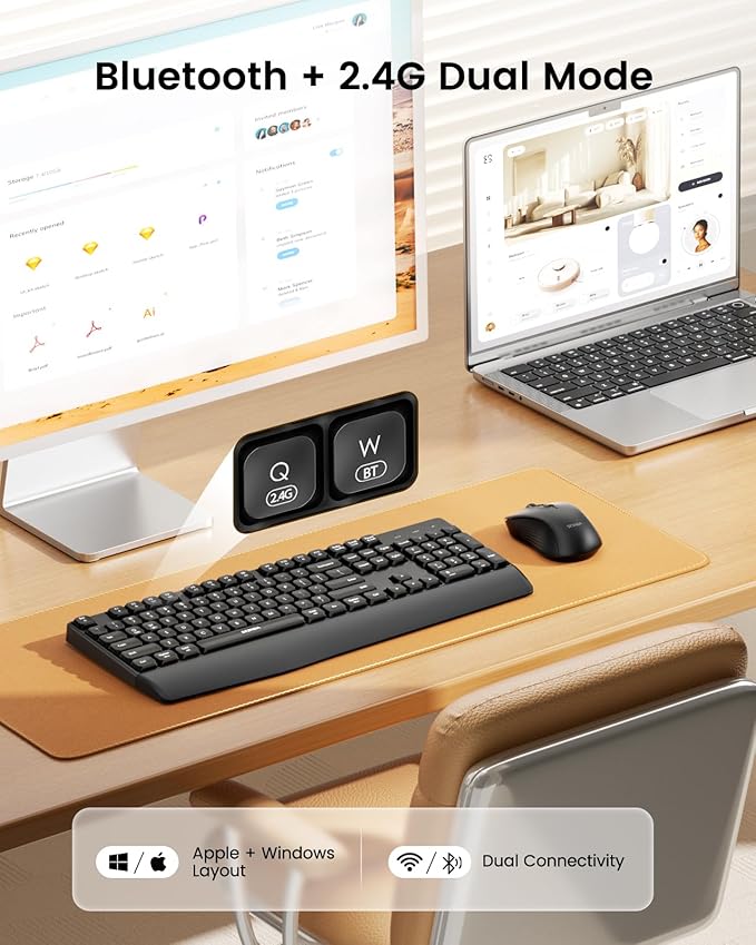 seenda Wireless Bluetooth Keyboard Mouse Combo, COE200 Ergonomic Keyboard with Wrist Rest, Silent Mouse, Multi-Device Connection, Full-Size Compatible for Windows PC Laptop Mac MacBook, Black