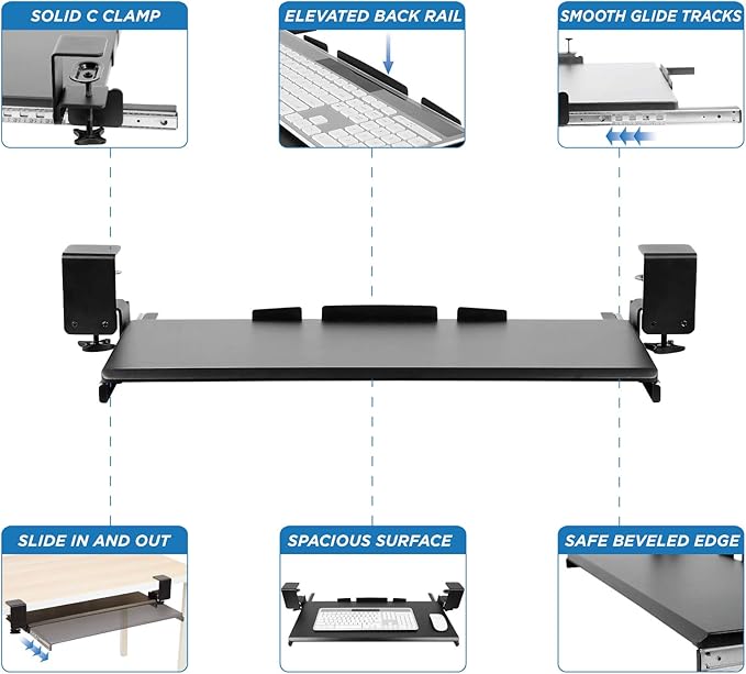 Mount-It! Keyboard Tray Under Desk, Clamp-On No-Drill Slide-Out Keyboard Drawer with Mouse Platform, 27" x 11" Ergonomic Keyboard Tray for Home Office, Fits Desks up to 2.2" Thick