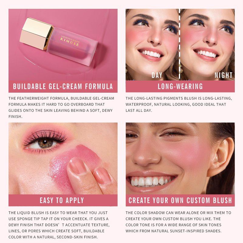 KIMUSE Liquid Blush - Soft Cream Blush for Cheeks, Long-Wearing, Waterproof & Smudge Proof, Dewy Finish