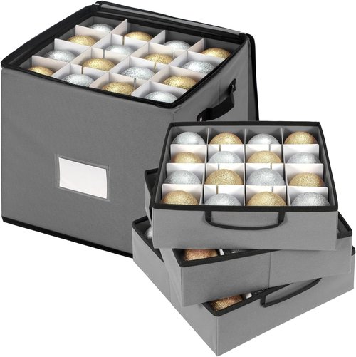 Inin Christmas Ornament Storage Box - Adjustable Dividers & Zippered Top | Holds 64 Balls, Gray with Tray