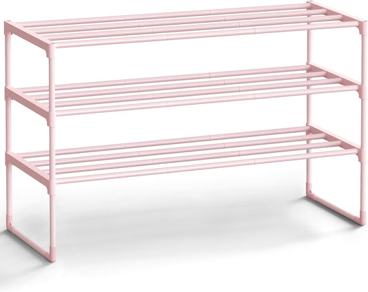 SONGMICS 3-Tier Shoe Rack - Stackable Metal Organizer for 16-20 Pairs | Jelly Pink, 11.8 x 36.2 x 21.7 Inches