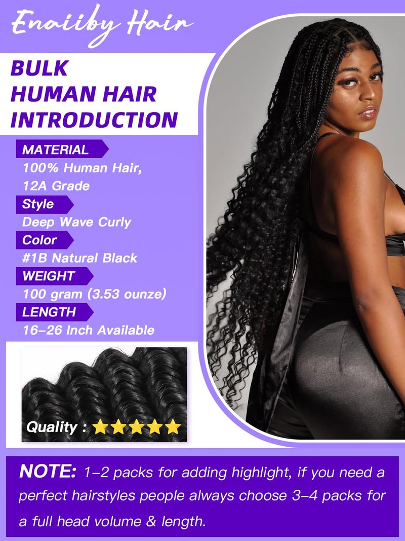 Enaiiby Boho Human Hair Braiding Hair 100g 18 Inch, Deep Wave Curly Human Hair Bundles for Boho Knotless Braids Bulk Hair, 12A No Weft 100% Unprocessed Brazilian Virgin Hair, Naural Black