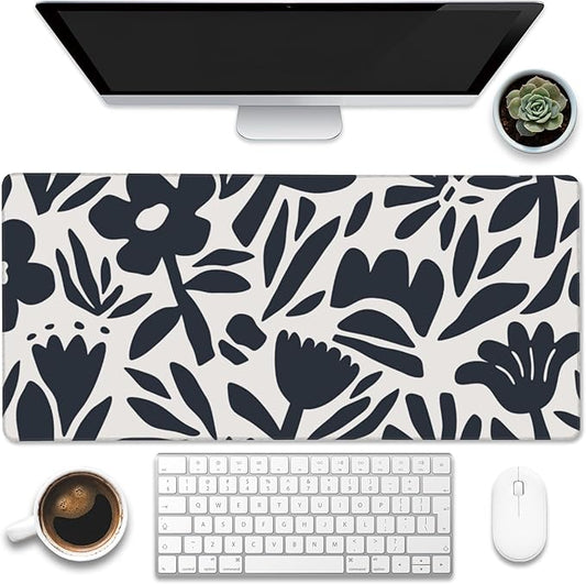 Eflxamz Desk Pad,Hand Drawn Leaves and Flowers Desk Mat,Abstract Plant Large Gaming Mouse Pad for Desk,Extended Big Computer Keyboard Mouse Pad with Non-Slip Base and Stitched Edge,35.4"x15.7"