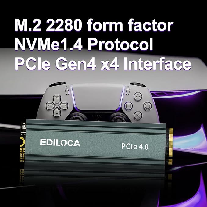 Ediloca 1TB M2 NVME SSD with Heatsink - PCIe Gen4.0 NVMe M.2 2280 3D NAND TLC, 5000MB/s Read, Internal Solid State Drive for PS5/PC, Dynamic SLC Cache, PS5 Storage Expansion, 5-Year Warranty(EN760)