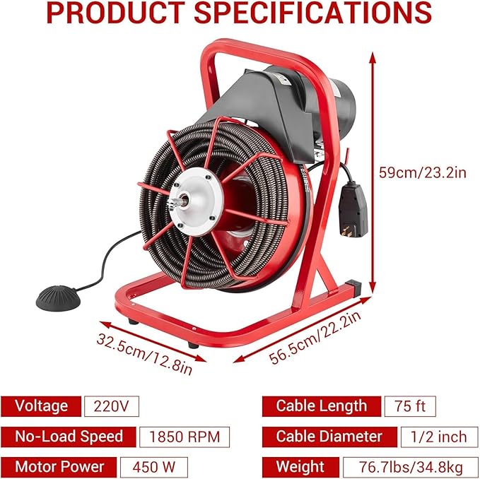 Drain Cleaner Machine, 75FT x 1/2 Inches Electric Drain Snake, 370W Auto Feed Sewer Snake Auger, Sewer Snake with 4 Cutters and Pneumatic Foot Switch, for 1" to 4" Pipes, High Armrests for Sinks