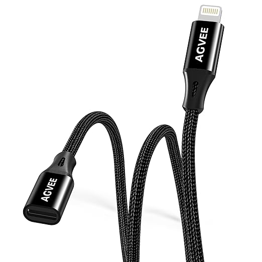 AGVEE 2 Pack 1ft Lightning Extension Cable, Braided Female to Male Extender Full Function Cord Compatible with iPhone iPad, Data Sync Video Audio & Charging Connector Adapter, Black