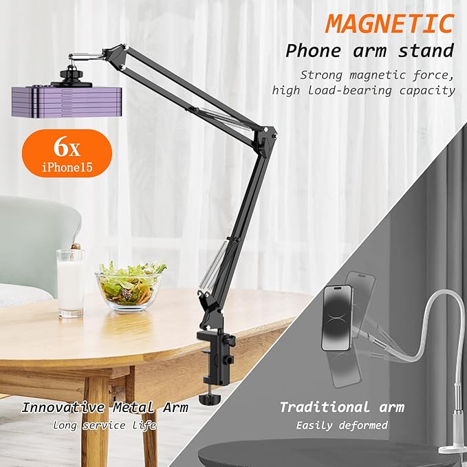 VRIG Magnetic Phone Holder Mount for Bed, Magsafe Flexible Arm Overhead Desk Phone Mount Stand, Adjustable Bedside Laying Down Tablet Mount for iPhone17 16 15 14