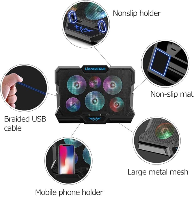 Laptop Cooling Pad, Laptop Cooler with 6 Quiet Fans RGB 7 Color Light for 15.6-17 Inch Laptop Cooling Fan Stand, Portable Slim USB Powered Gaming Laptop Cooling Pad, Switch Control Fan Speed(Black)