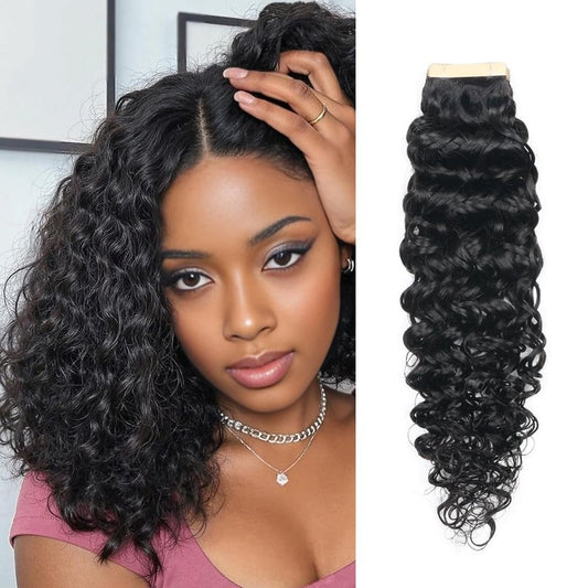 ShowJarlly Tape in Hair Extensions Human Hair 20 Pcs Curl Extensions for Women Real Hair Black Tape in Extensions Jerry Curly Tape Ins Human Hair Natural Black 18 Inch (40g)