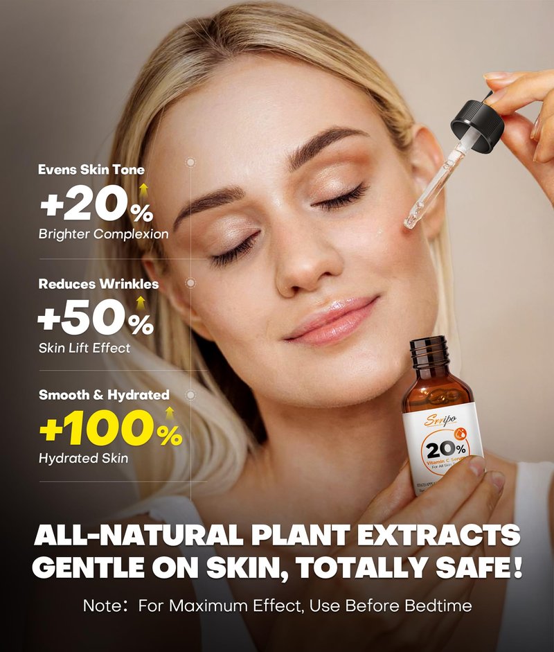 Pure Natural Skin Brightening & Anti Aging 20% Vitamin C Serum, Collagen Peptide Infused Face Serum for Deep Hydration, All-in-One with Niacinamide, Retinol, Hyaluronic Acid, 2.02 Fl Oz