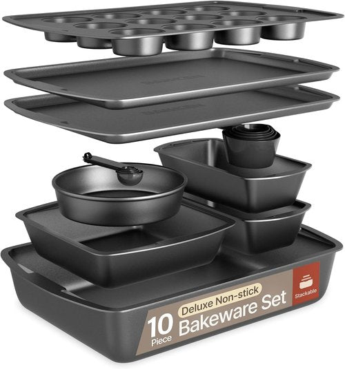Gray 10-Piece Bakeware Set - Nonstick Carbon Steel Baking Sheets & Pans | Space-Saving, Dishwasher Safe, Oven Safe Up to 450°F