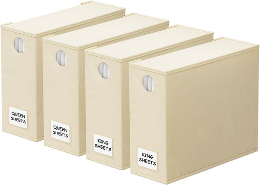 SpaceAid Bed Sheet Organizers - Foldable Linen Closet Storage for Queen & King Size - Beige 4 Pack