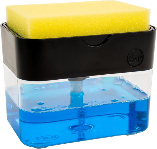 S&T INC. Dish Soap Dispenser - Kitchen Sink Sponge Holder with Enhanced Features | 13 Oz, Matte Black