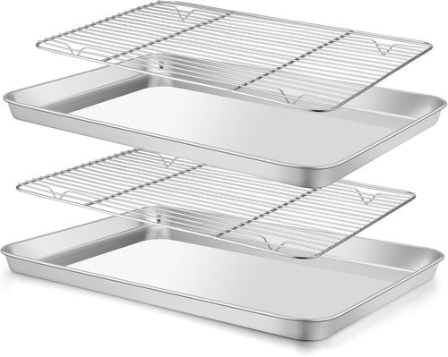 E-far Baking Sheet Set - Stainless Steel Cookie Pans with Cooling Racks | Non-Toxic & Heavy Duty, 16 x 12 Inch