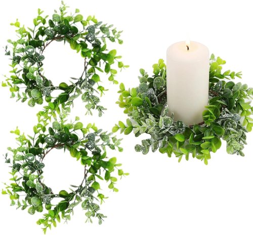 Beavorty Eucalyptus Leaves Wreaths - 2pcs Candle Rings for Winter Holiday Decor | Xmas Centerpiece