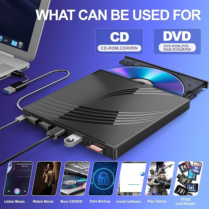 BPAKDU External CD/DVD Drive for Laptop, Ultra Slim CD Burner USB 3.0 Hub with 4 USB Ports, 2 TF/SD Card Slots,1 Type-C Port,DVD Player for Laptop Compatible with mac OS/Windows/Linux (Black)