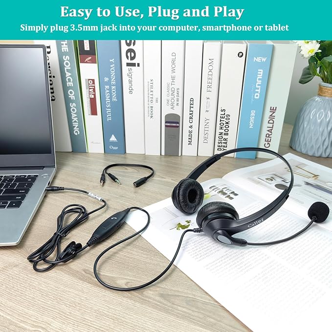 Callez 3.5mm Headset with Microphone Noise Cancelling for Cell Phone PC Laptop, Stereo Computer Headphones for iPhone Android Call Center Office Skype, in-line Control, Clear Chat