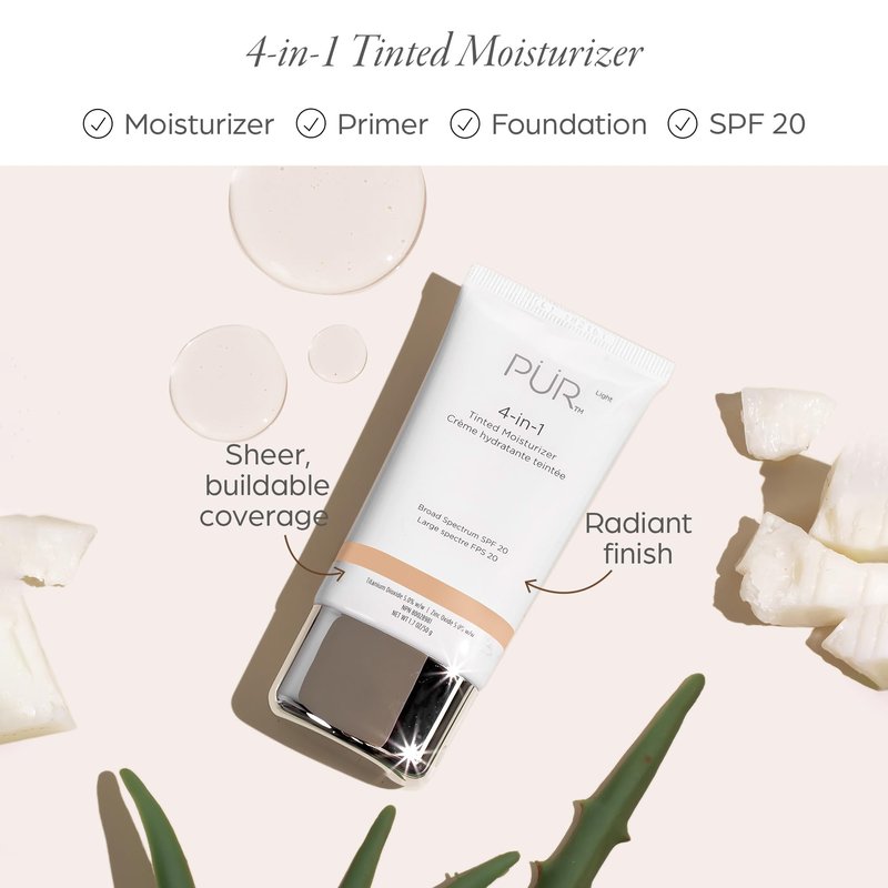 PÜR MINERALS 4-in-1 Tinted Moisturizer with SPF 20 - Hydrating Skin Tint Face Moisturizer, Primer & Foundation with Shea Butter, Aloe Vera & Vitamin B3 - Vegan Friendly, Paraben Free (Light)