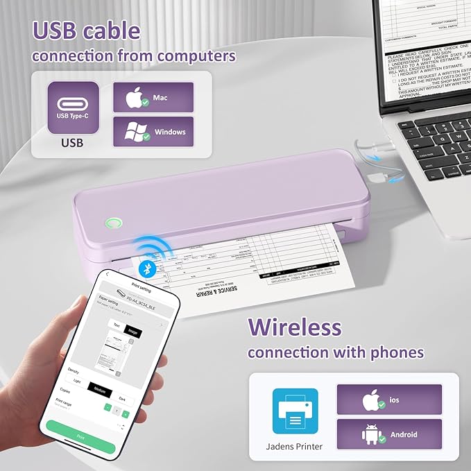 Gloryang Inkless Portable Printer for Travel, Wireless Thermal Printer Supports 8.5 x 11 Inch US Letter Size, Bluetooth Machine Includes Carry Case and 3 Rolls of Thermal Paper Kit, Purple