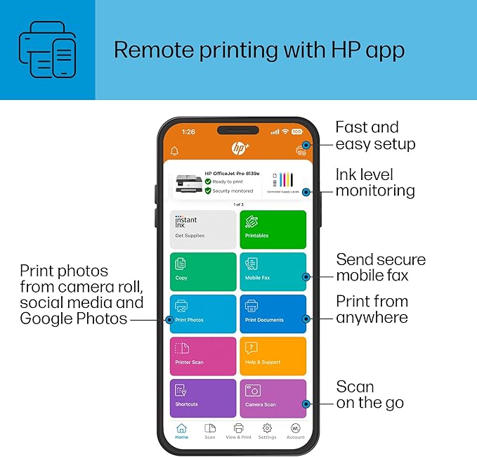 HP OfficeJet Pro 8139e Wireless All-in-One Color Inkjet Printer, Print, scan, Copy, fax, ADF, Duplex Printing Best-for-Home Office, 1 Year Instant Ink Trial Included, AI-Enabled (40Q51A)