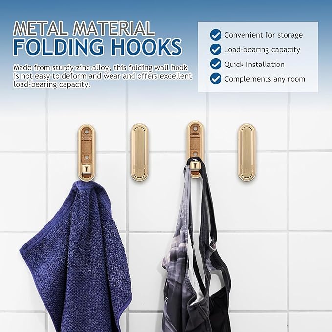 YipuVR 4PCS Gold Foldable Wall Hooks, Metal Folding Hooks Wall Mount, Easy Installation, Suitable for Bathroom Kitchen, Flip Down Hook for Wal l Hanging Coat, Bag, Towel, Key, Hat (Gold)
