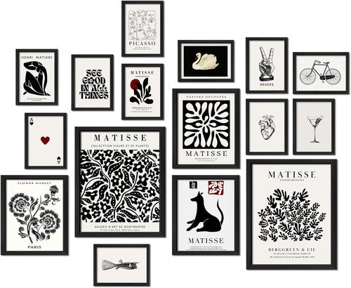 Anerza 16 PCS Black and White Matisse Abstract Wall Art Decor | Minimalist Gallery Prints for Bedroom & Living Room
