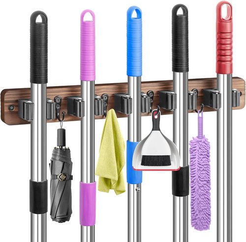 IMILLET Broom Holder Wall Mount - Rustic Wood Organizer with 5 Racks & 4 Hooks for Home & Garden Storage
