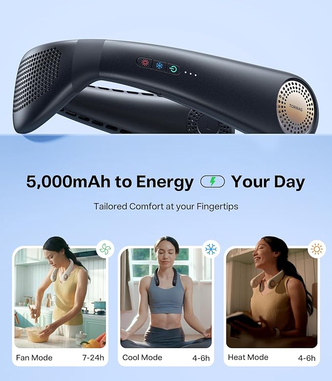 TORRAS COOLiFY Air 2026 Upgraded Neck Fan Air Conditioner, Dual-Airflow Pro Cooling, Ultra Light Portable Fan Rechargeable, Personal Cooling Fan Travel Essentials, Gift for Dad Husband Father, Black