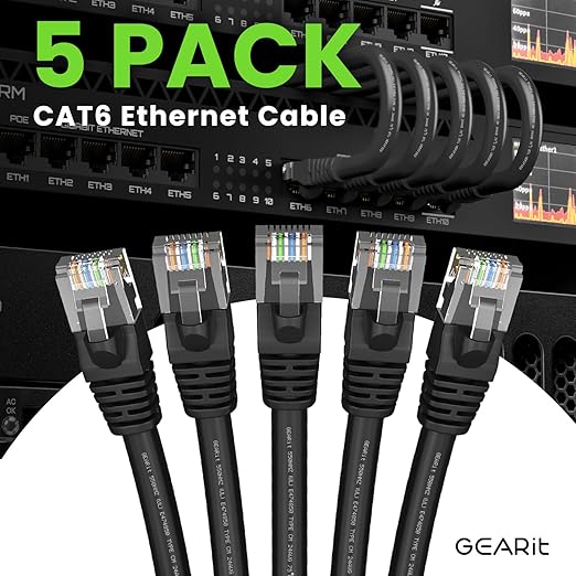 GEARit Cat 6 Ethernet Patch Cable 100 ft Black (5 Pack) Cat6 Patch Cables 100ft Black/Ethernet Patch Cable, 10Gbps 550MHz 24AWG Pure Copper, Snagless, Gold Plated RJ45 for Router, Server, Router, PC
