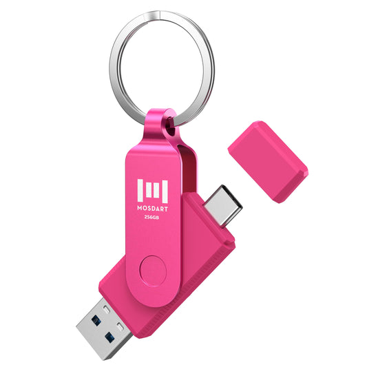 MOSDART 256GB USB 3.2 Fast Speed C and A Dual Flash Drive, exFAT Memory Stick with Keychain and LED Indicator, for iPhone 15,16,17, Android Phone, iPad, MacBook, and Other Laptops, Hot Pink
