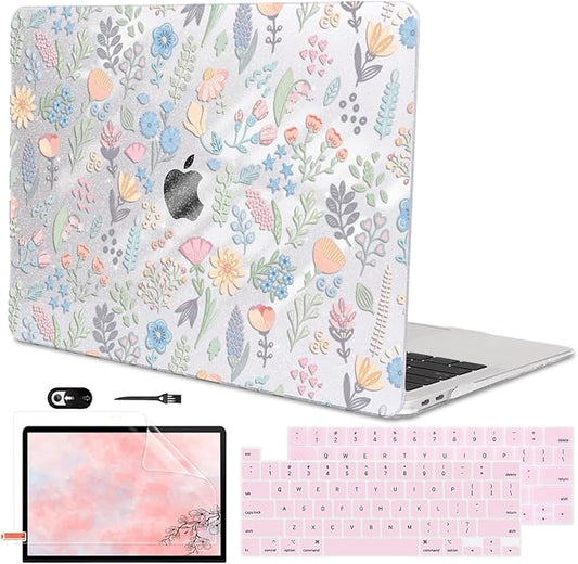 LCMOCICO for MacBook Pro 13 inch Case 2022 2021 2020-2016 Release M2 M1 Chip A2338 A2251 A2289 A2159 A1989 A1706, Shiny Pattern Plastic Hard Shell Case Keyboard Cover Screen Film, Starry Sky Flowers