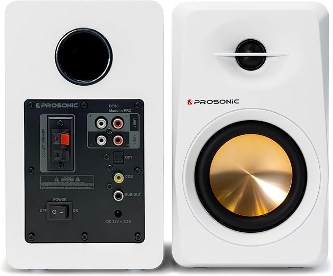 Prosonic BT30 White Bookshelf Speakers - Active Bluetooth 5.3 Powered Studio Monitors, 80W Desktop Computer Audio System with Optical/Coaxial/Aux for Turntable, Home Theater, TV & PC