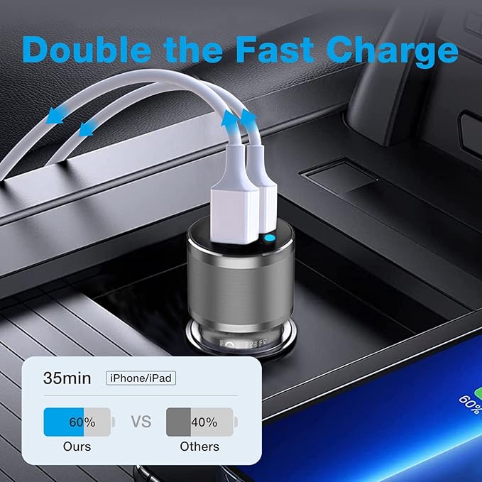 MOCA 38W Fast Car Charger, 2-Port PD/QC 3.0 All Metal Car Power Adapter W/2 PCS 3.3ft PD Lightning Cord Quick Charging for iPhone 17/16/15 Series, Samsung Galaxy S25/S24/S23 Series, iPad Pro, AirPods